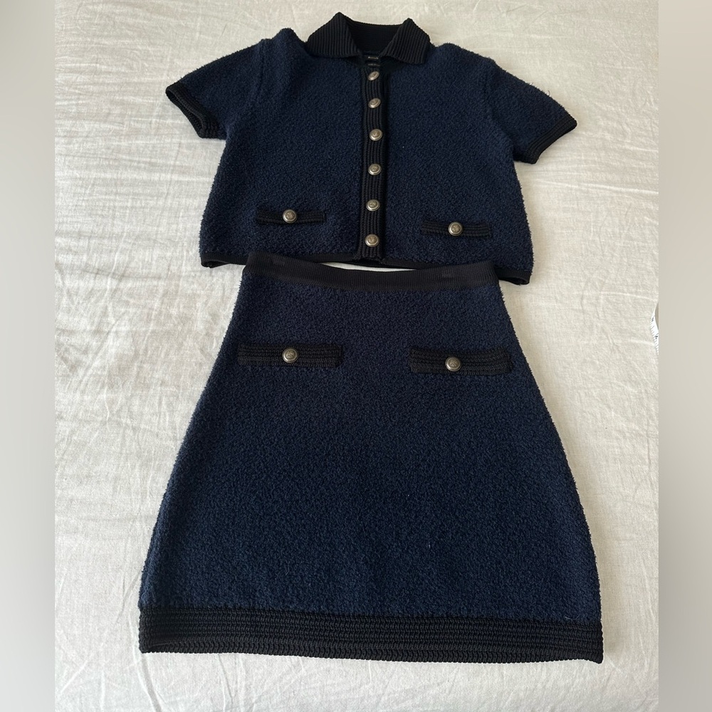 Massimo Dutti Textured Navy Blue Knit Sweater and Skirt
